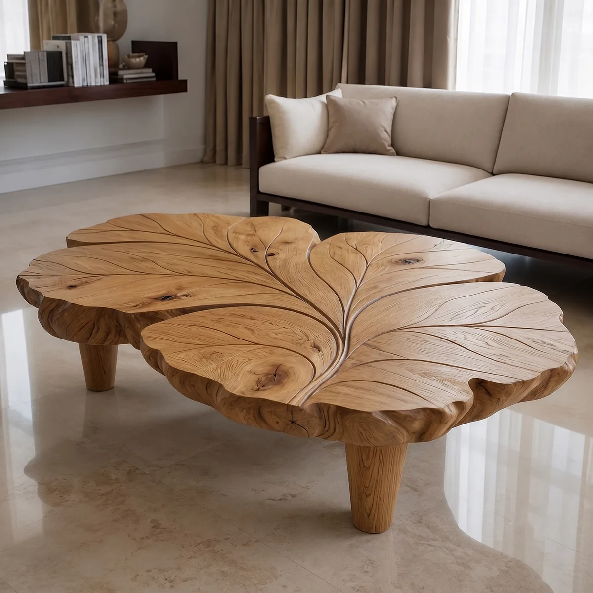 Handcrafted Solid Wood Coffee Table with Sculpted Leaf Top TT006-9389