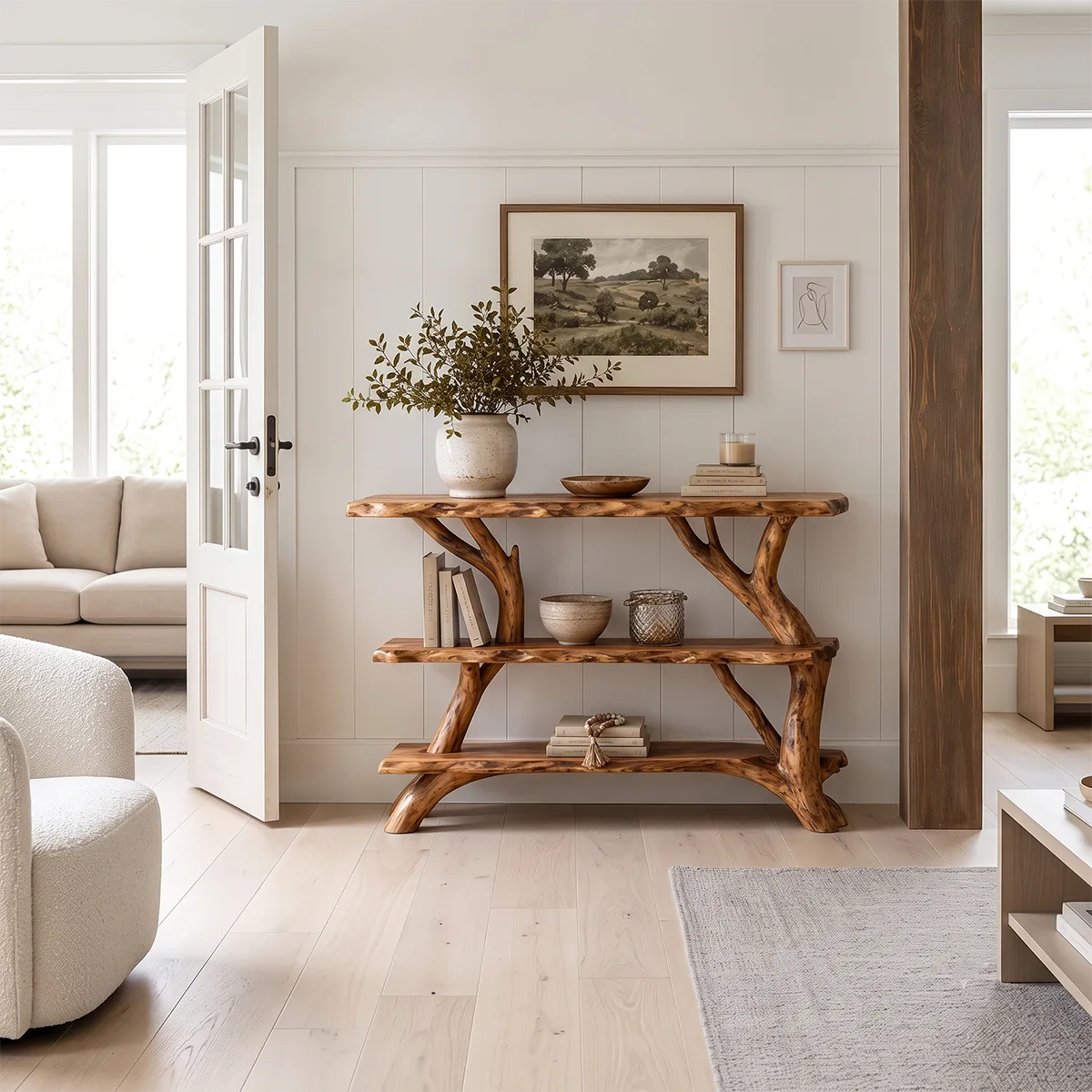Rustic Live Edge Console Table with Storage Shelves | Solid Wood Entryway Display Console TT006-8325
