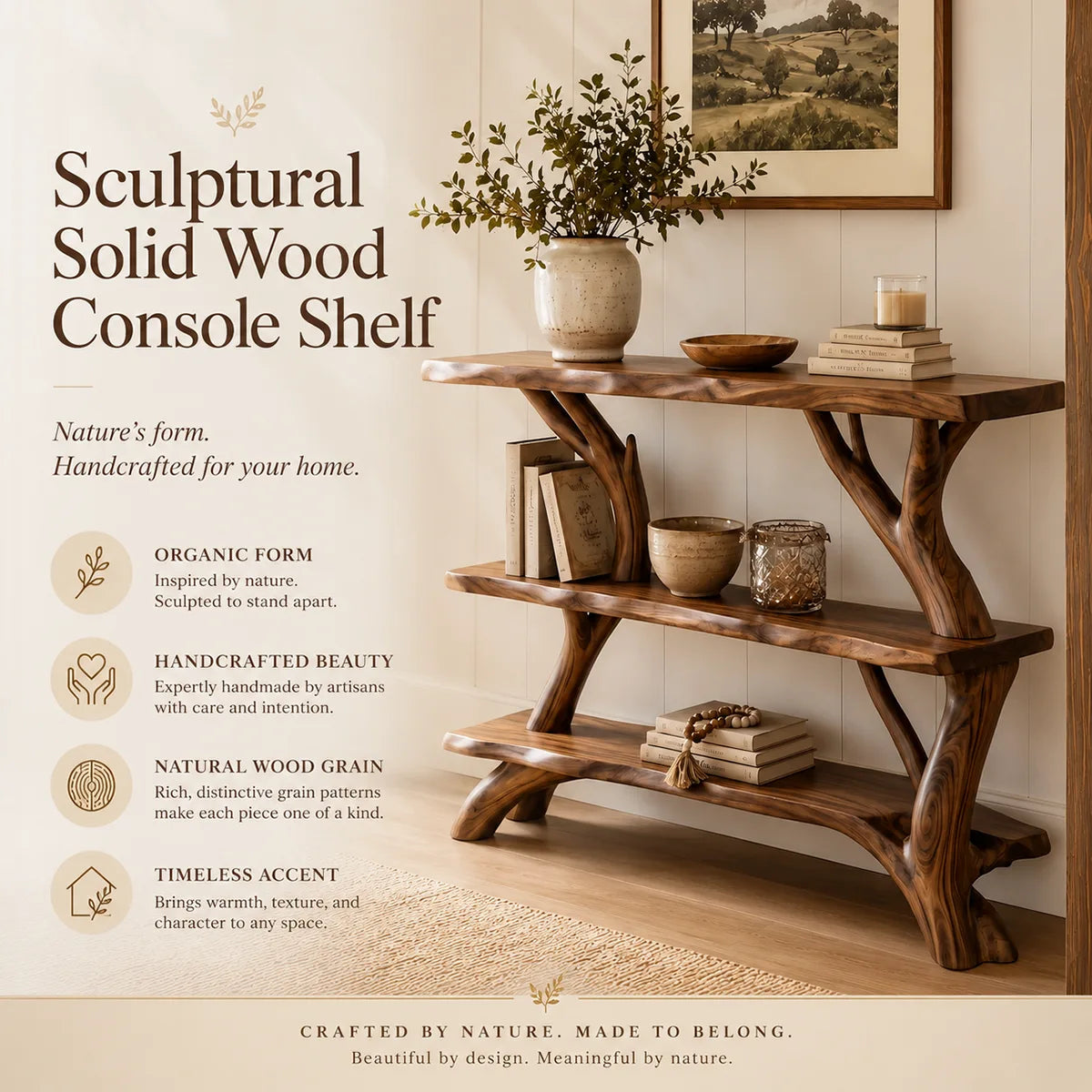Rustic Live Edge Console Table with Storage Shelves | Solid Wood Entryway Display Console TT006-8325