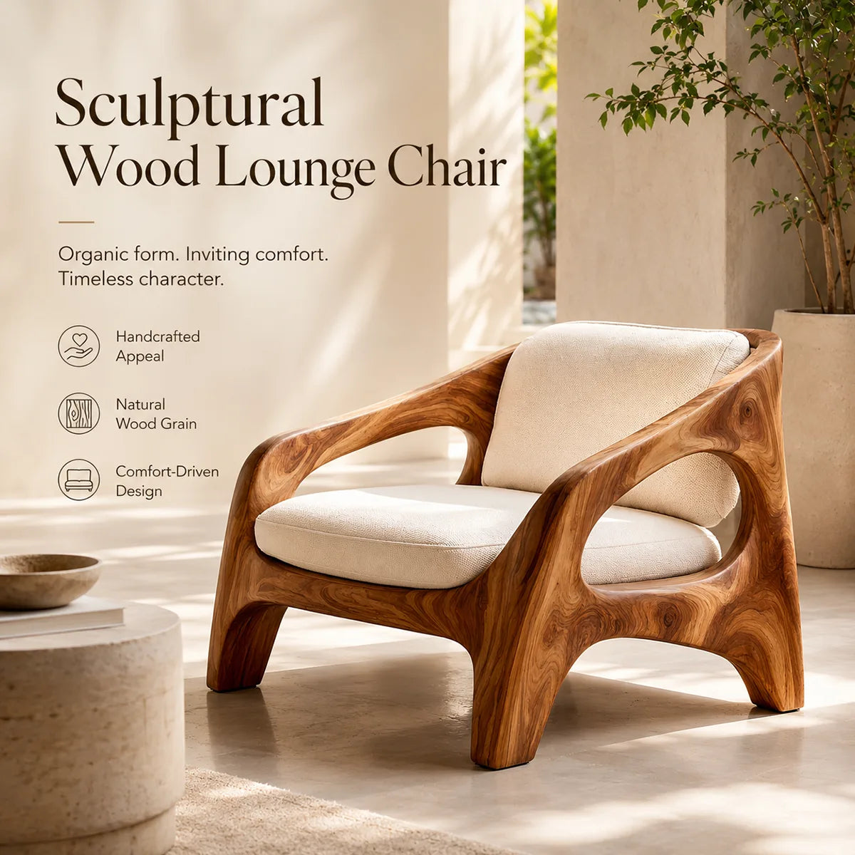 Solid Wood Lounge Chair | Organic Modern Sculptural Wooden Accent Chair TT006-8756