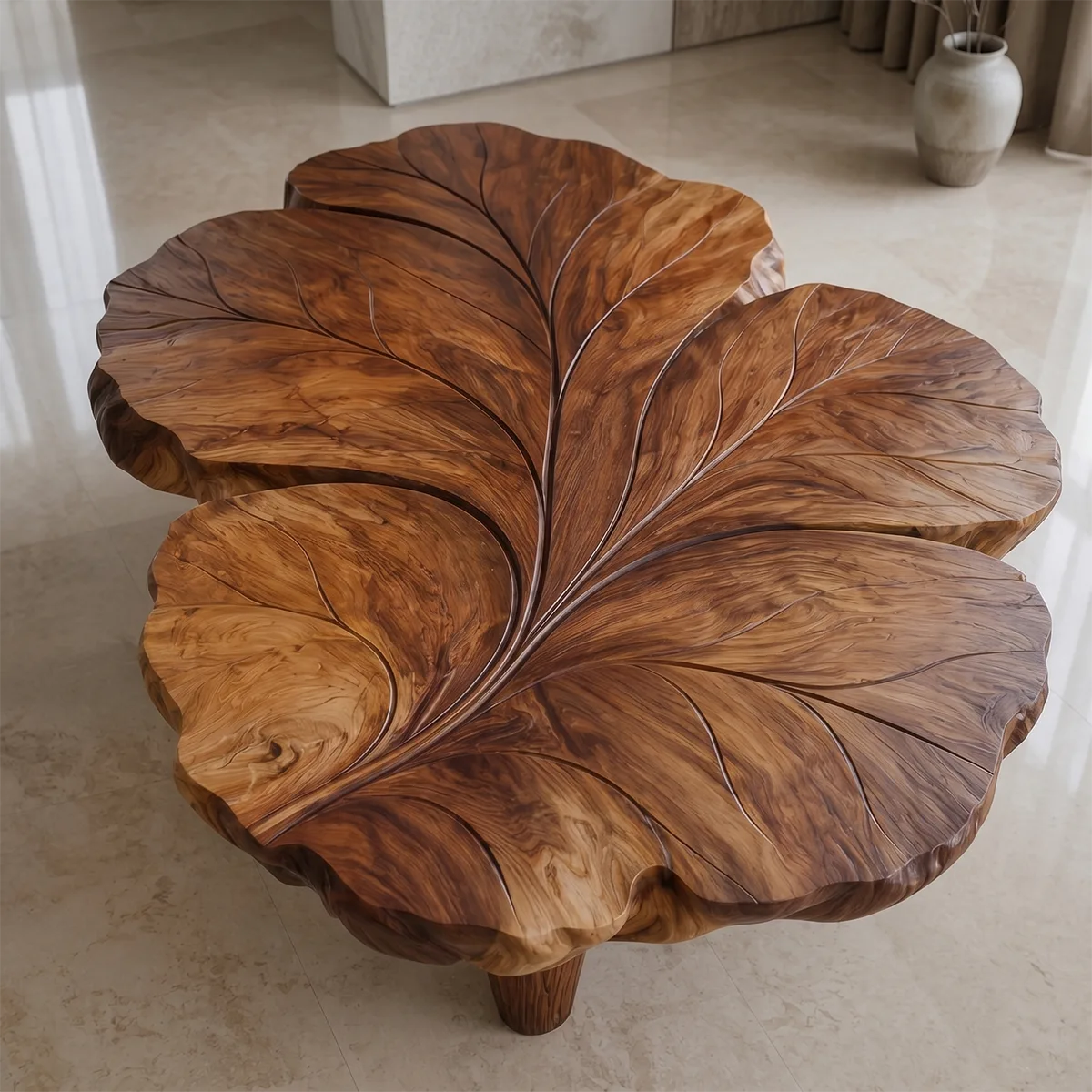 Handcrafted Solid Wood Coffee Table with Sculpted Leaf Top TT006-9389