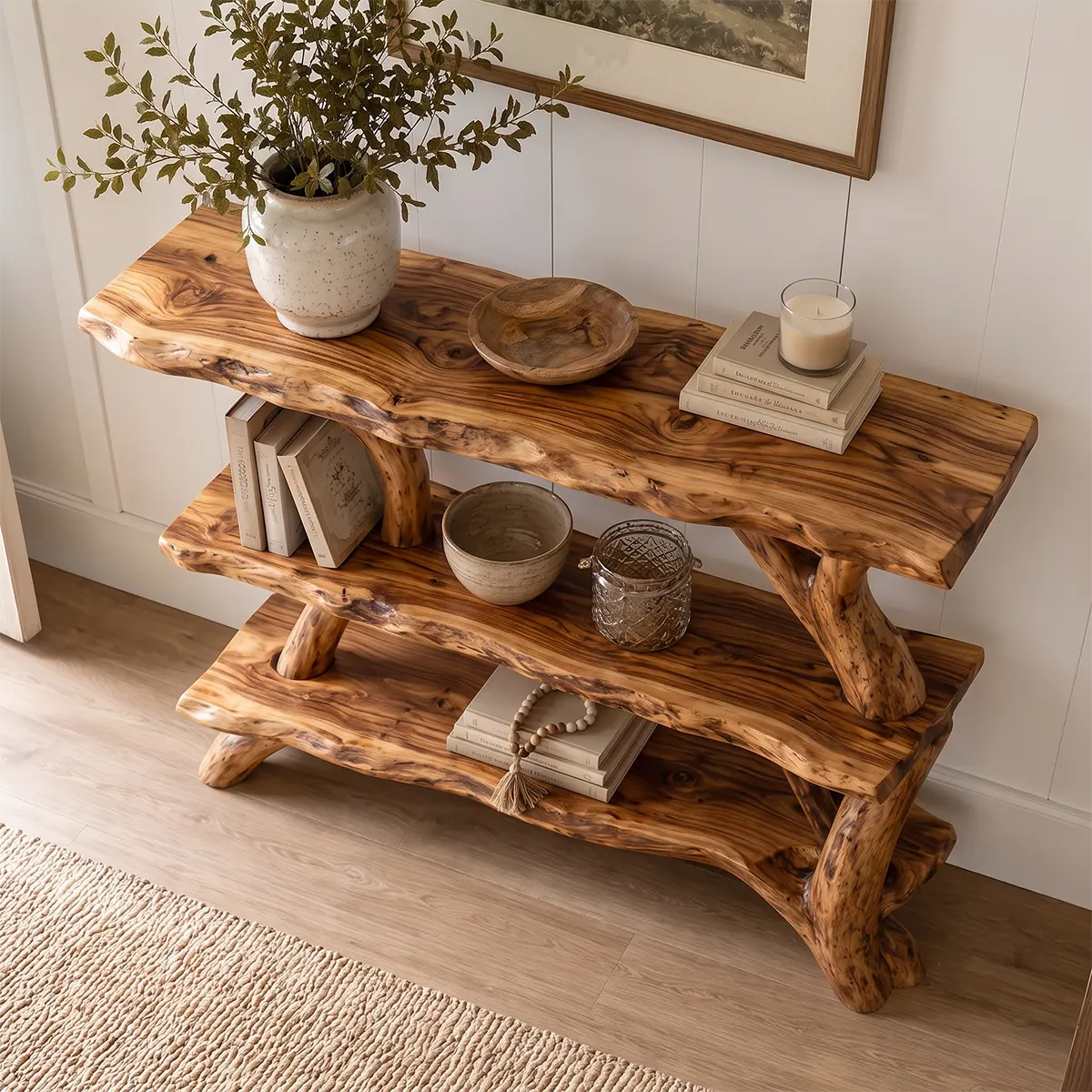 Rustic Live Edge Console Table with Storage Shelves | Solid Wood Entryway Display Console TT006-8325