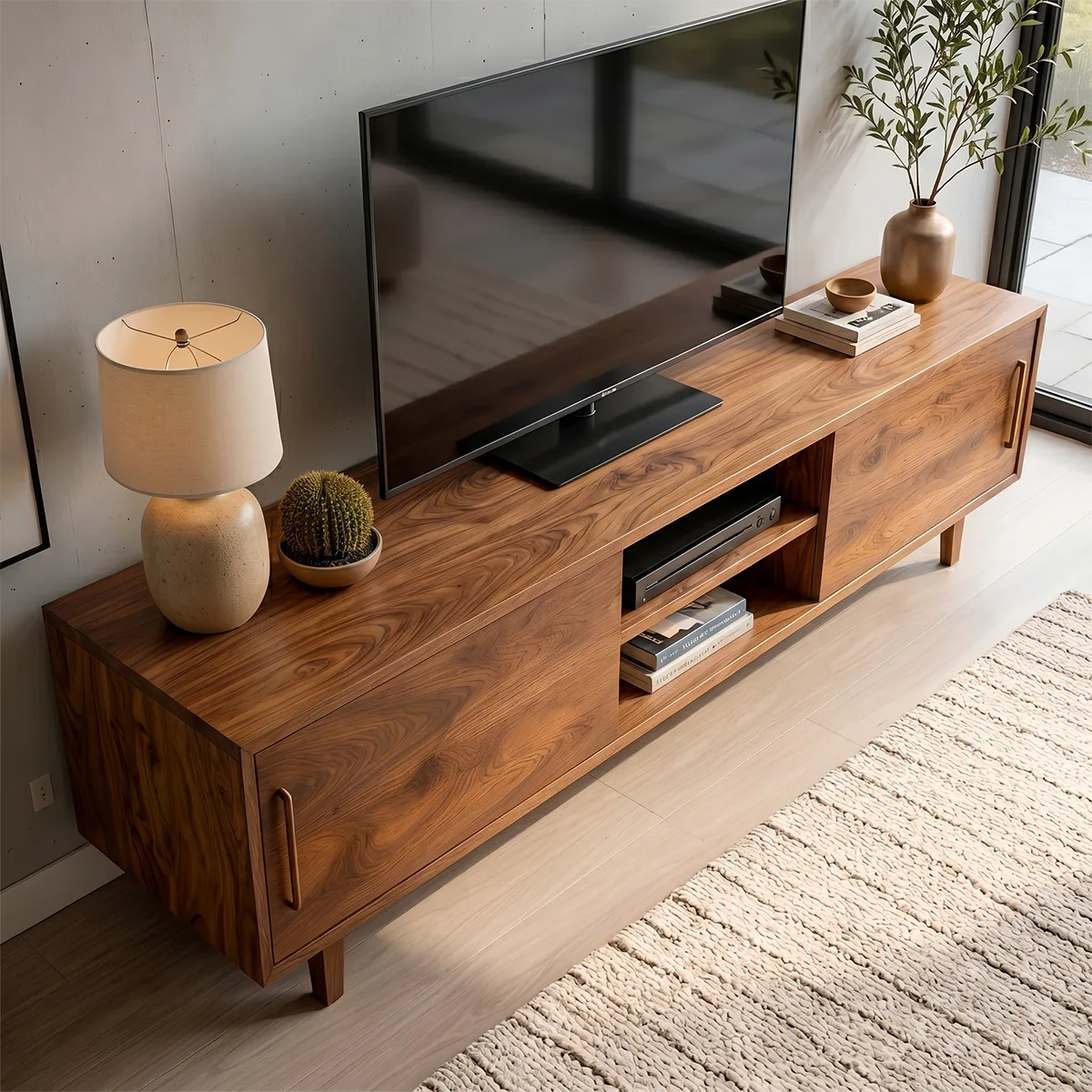 Modern Solid Wood TV Stand with Sliding Doors and Open Shelving