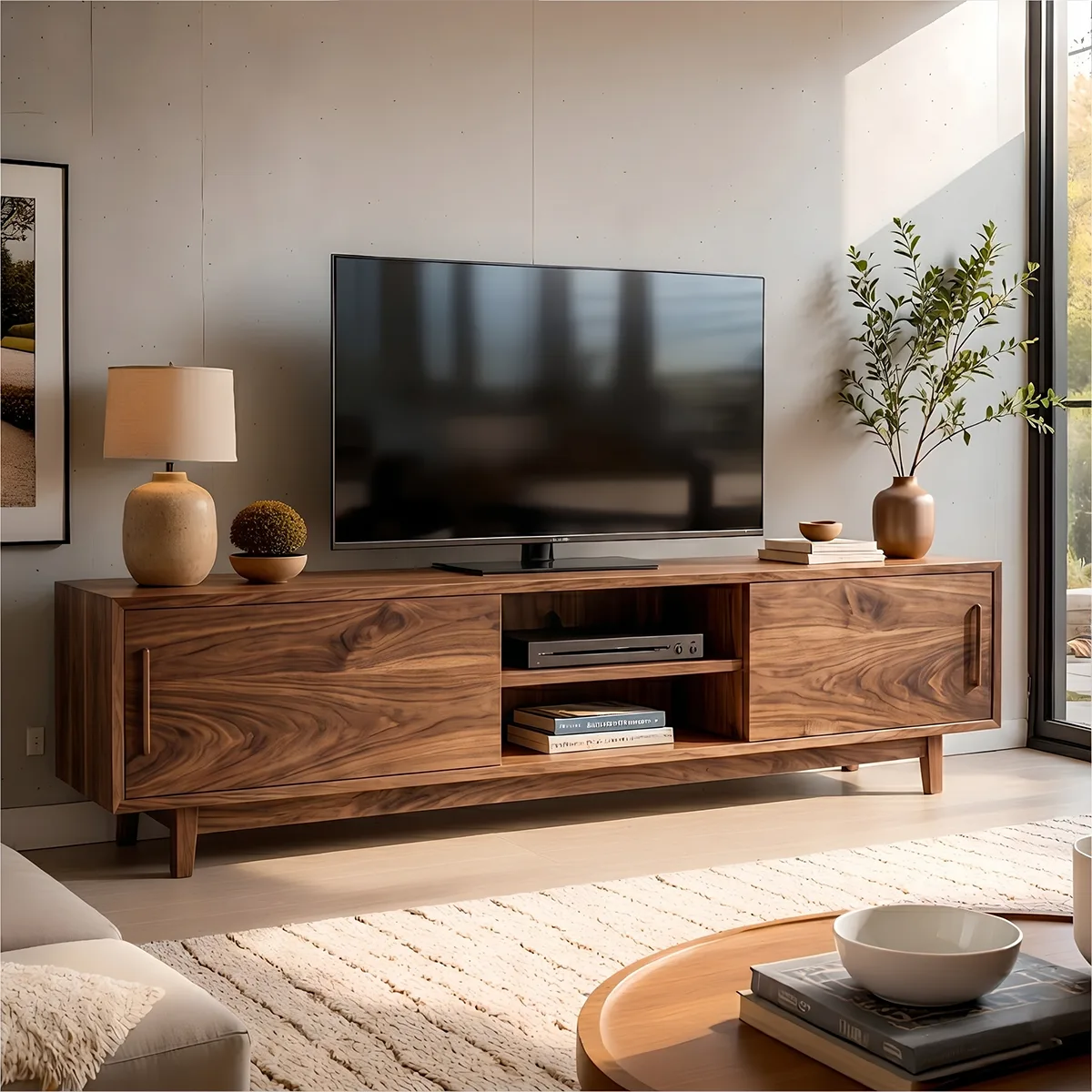 Modern Solid Wood TV Stand with Sliding Doors and Open Shelving
