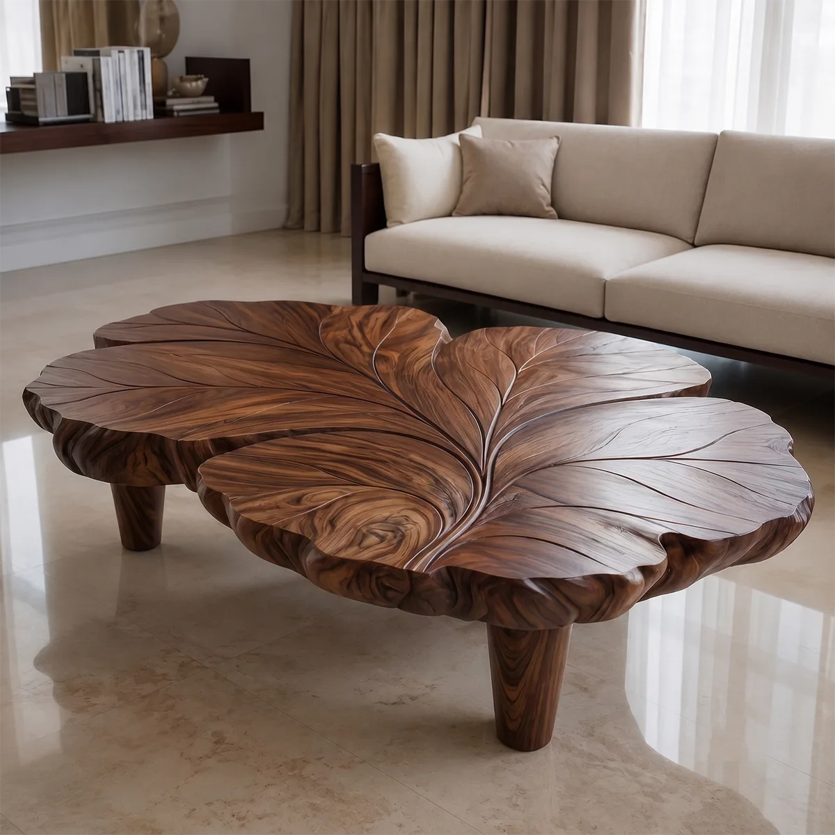 Handcrafted Solid Wood Coffee Table with Sculpted Leaf Top TT006-9389
