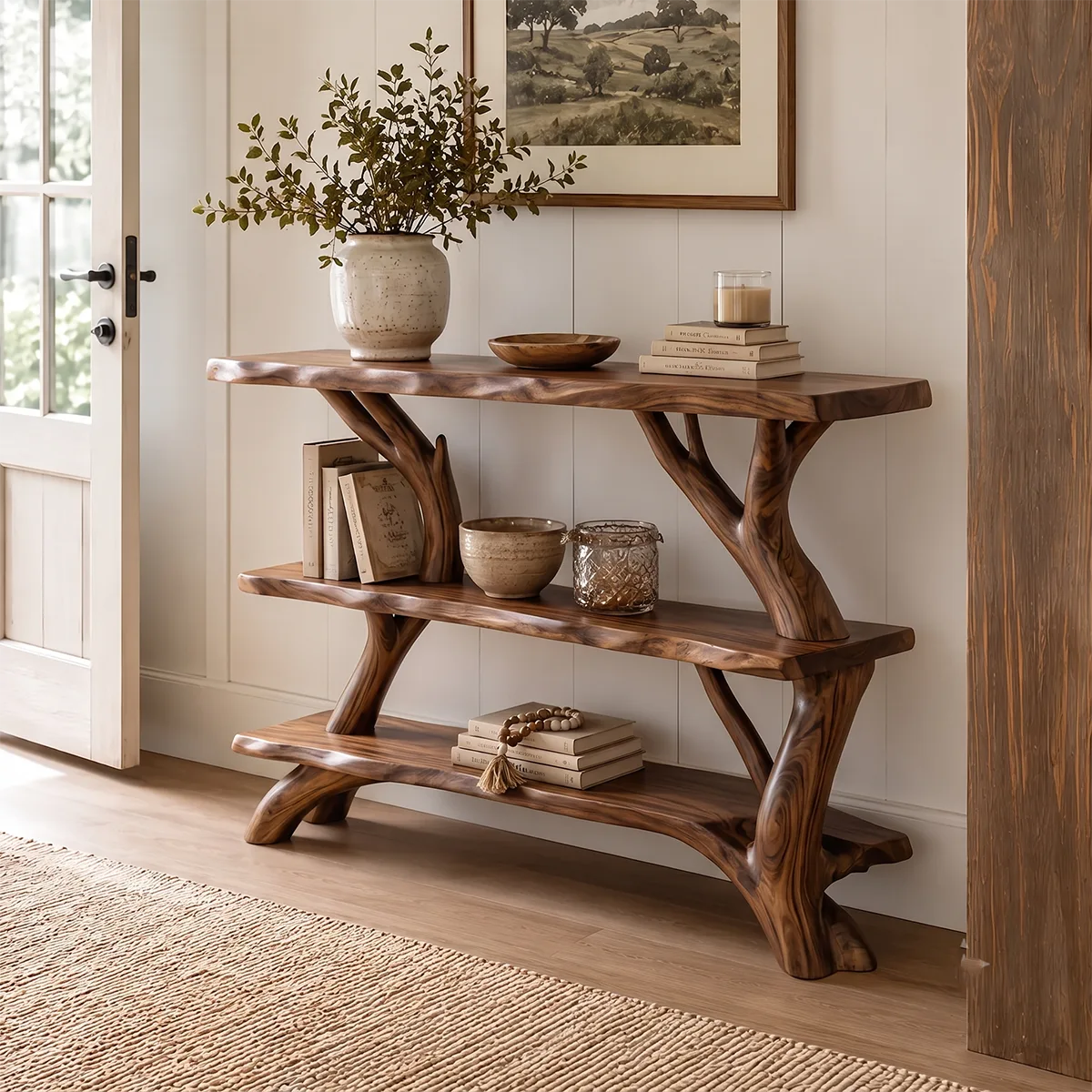 Rustic Live Edge Console Table with Storage Shelves | Solid Wood Entryway Display Console TT006-8325