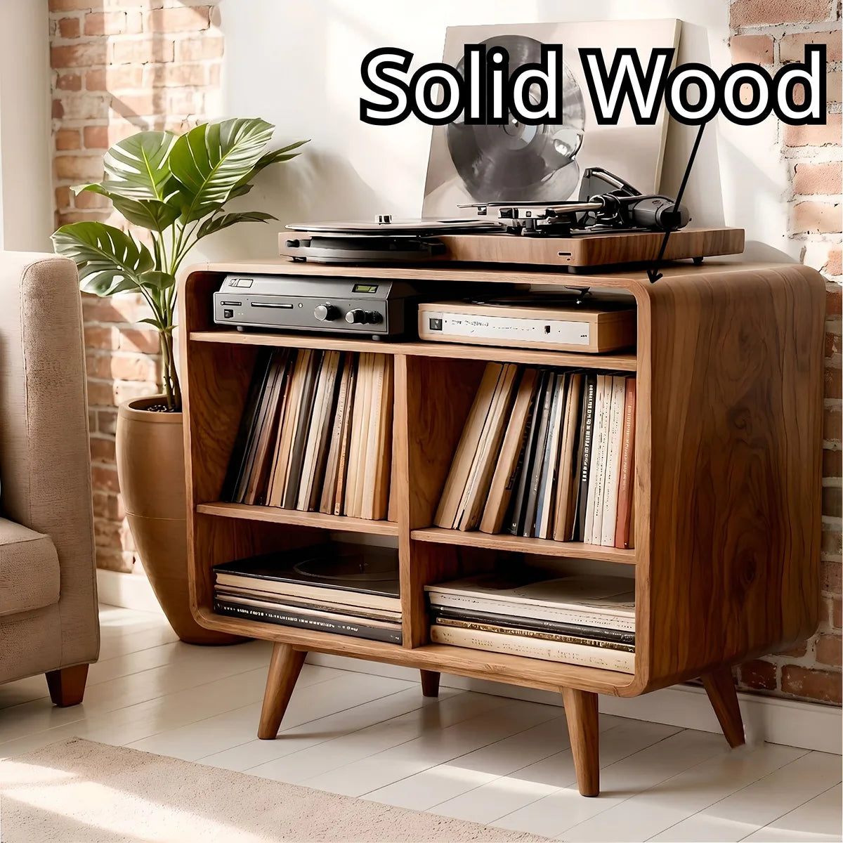 Mid Century Solid Wood  Record Player Stand With Vinyl Storage Cabinet