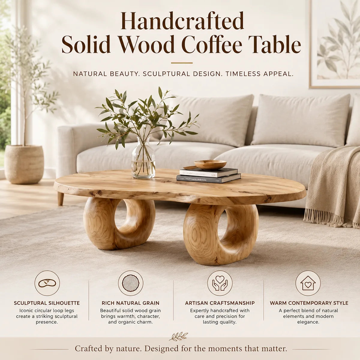 Handcrafted Solid Wood Coffee Table with Sculptural Ring Legs TT006-7638
