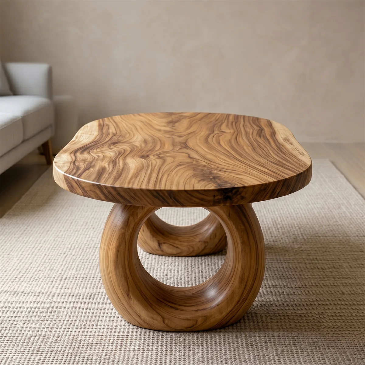 Handcrafted Solid Wood Coffee Table with Sculptural Ring Legs TT006-7638