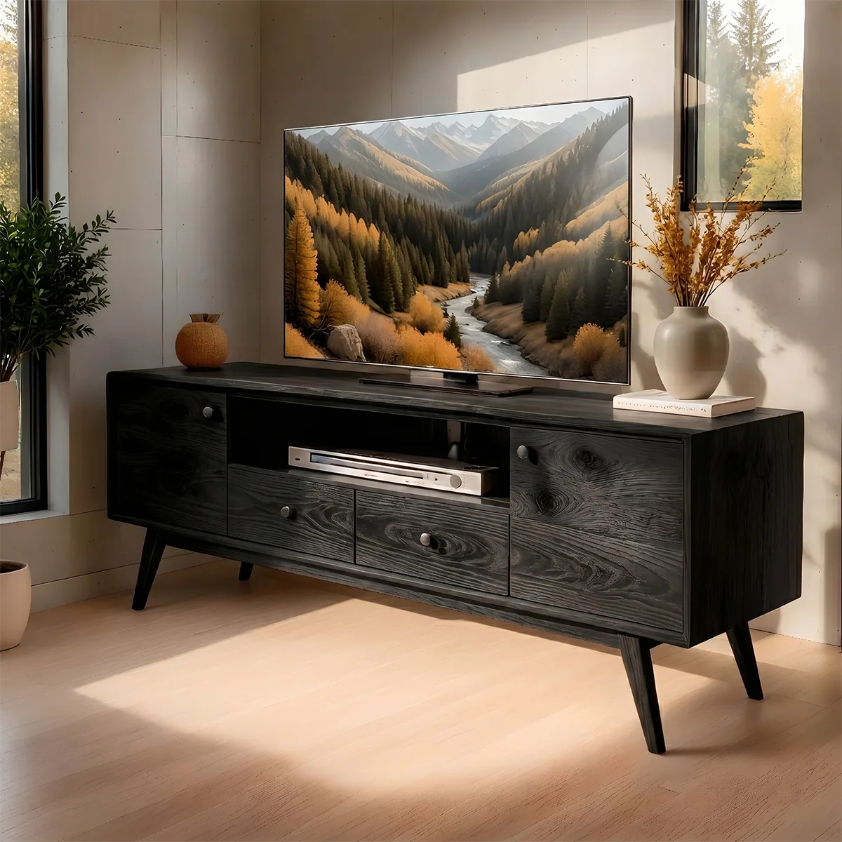 Mid Century Modern Solid Wood TV Stand with Cabinets and Drawers