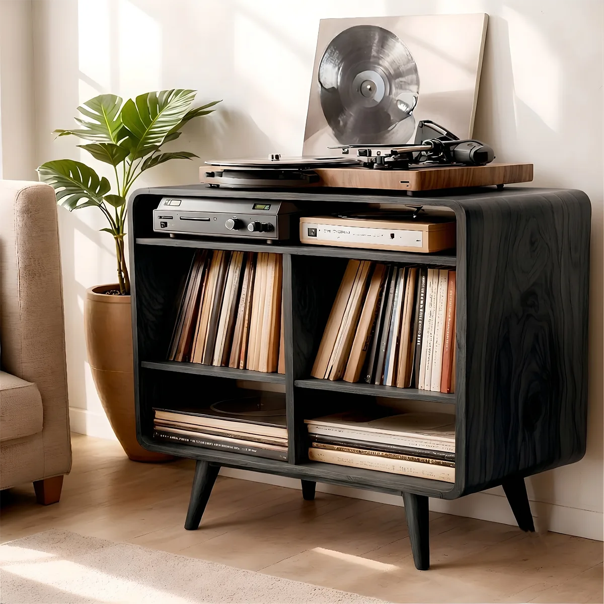 Mid Century Solid Wood  Record Player Stand With Vinyl Storage Cabinet