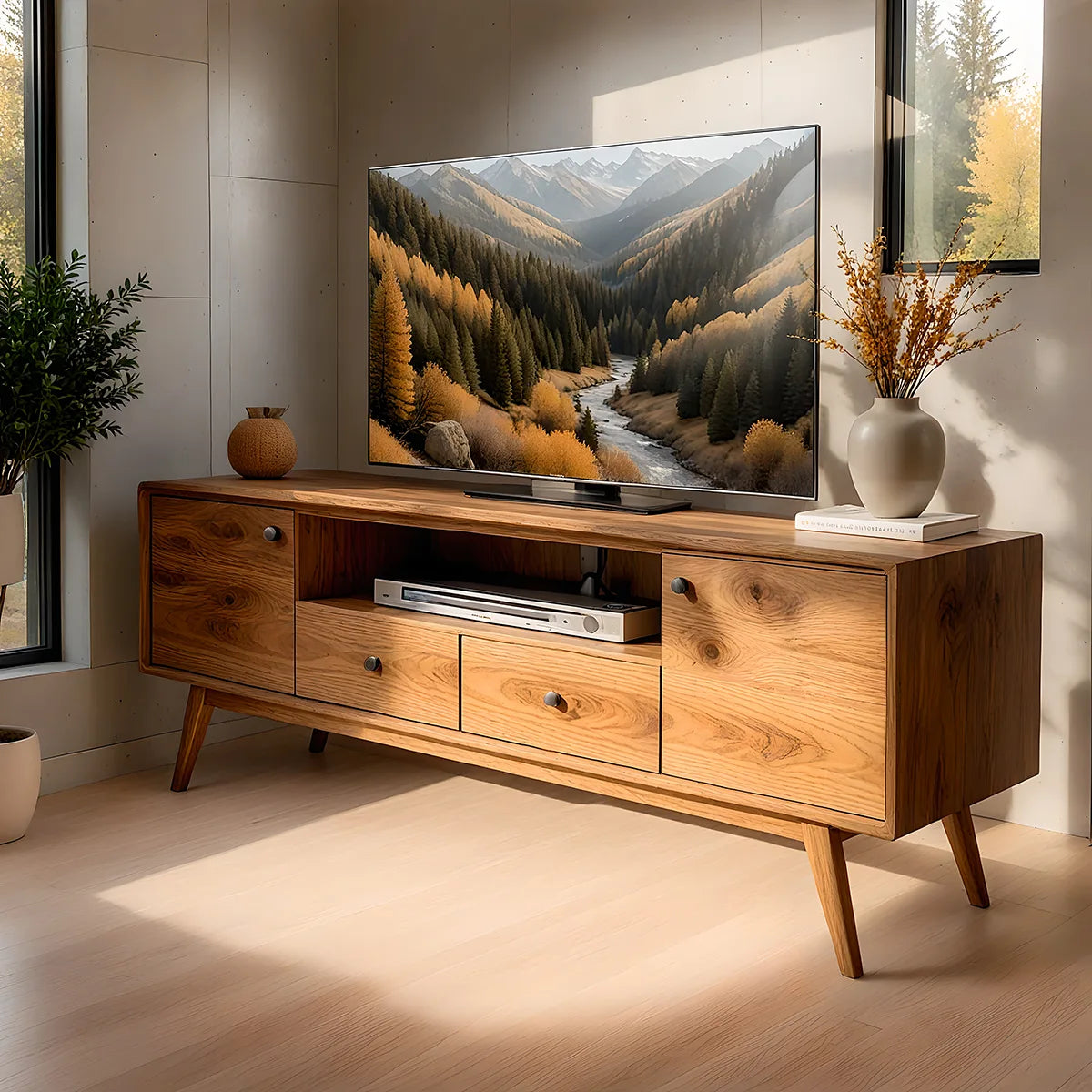 Mid Century Modern Solid Wood TV Stand with Cabinets and Drawers