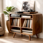 Mid Century Solid Wood  Record Player Stand With Vinyl Storage Cabinet