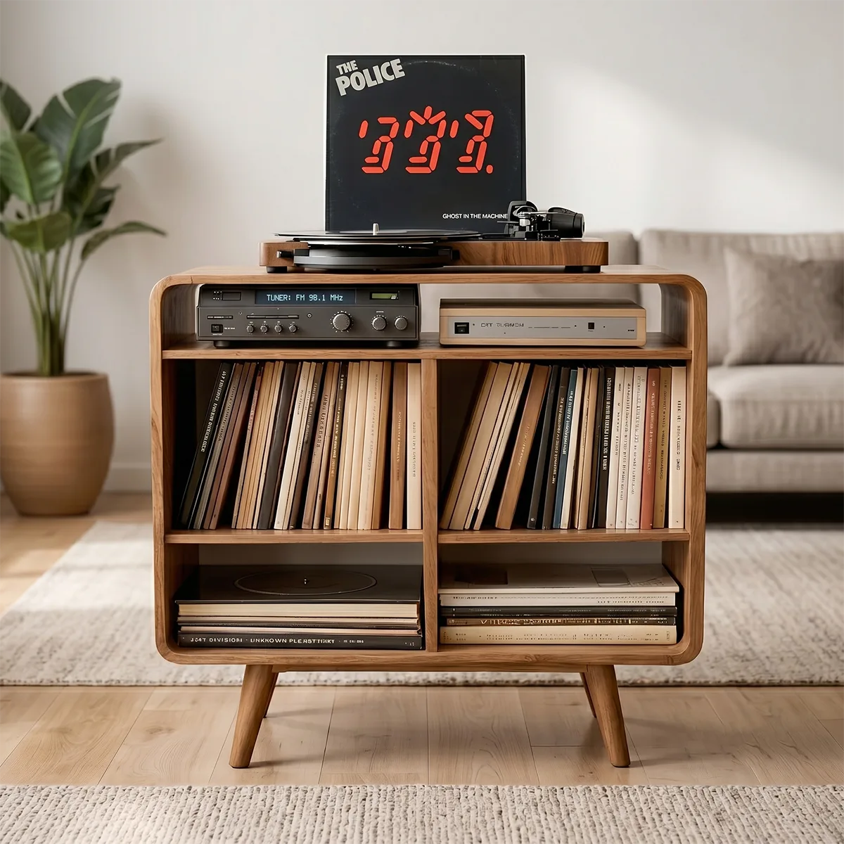 Mid Century Solid Wood  Record Player Stand With Vinyl Storage Cabinet