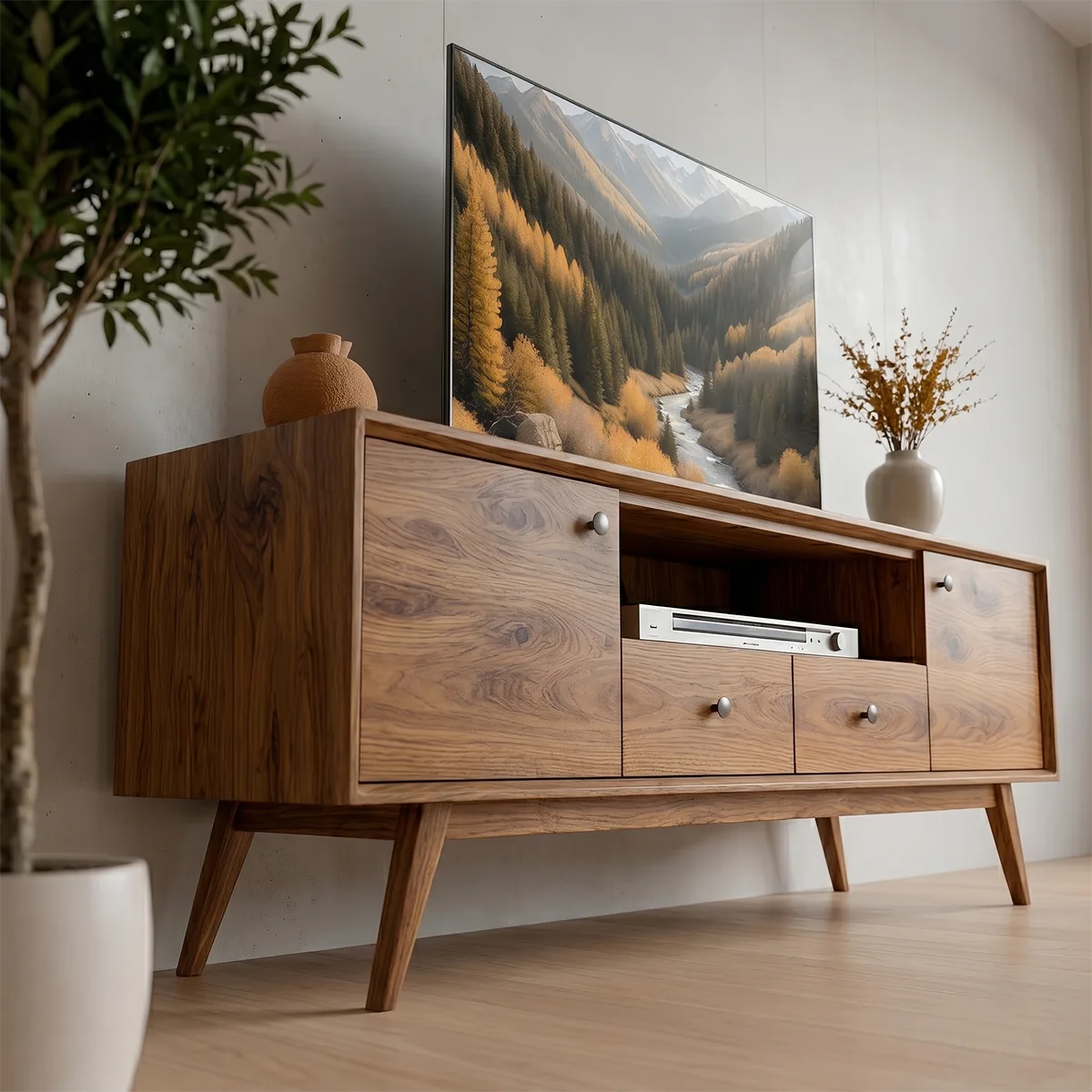 Mid Century Modern Solid Wood TV Stand with Cabinets and Drawers