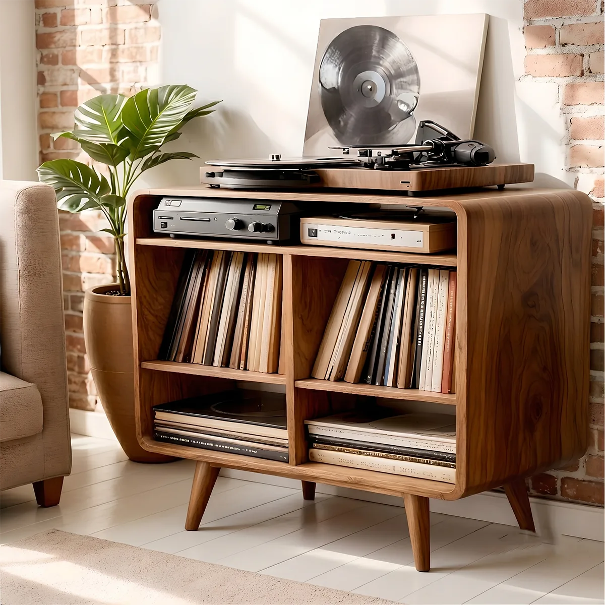 Mid Century Solid Wood  Record Player Stand With Vinyl Storage Cabinet