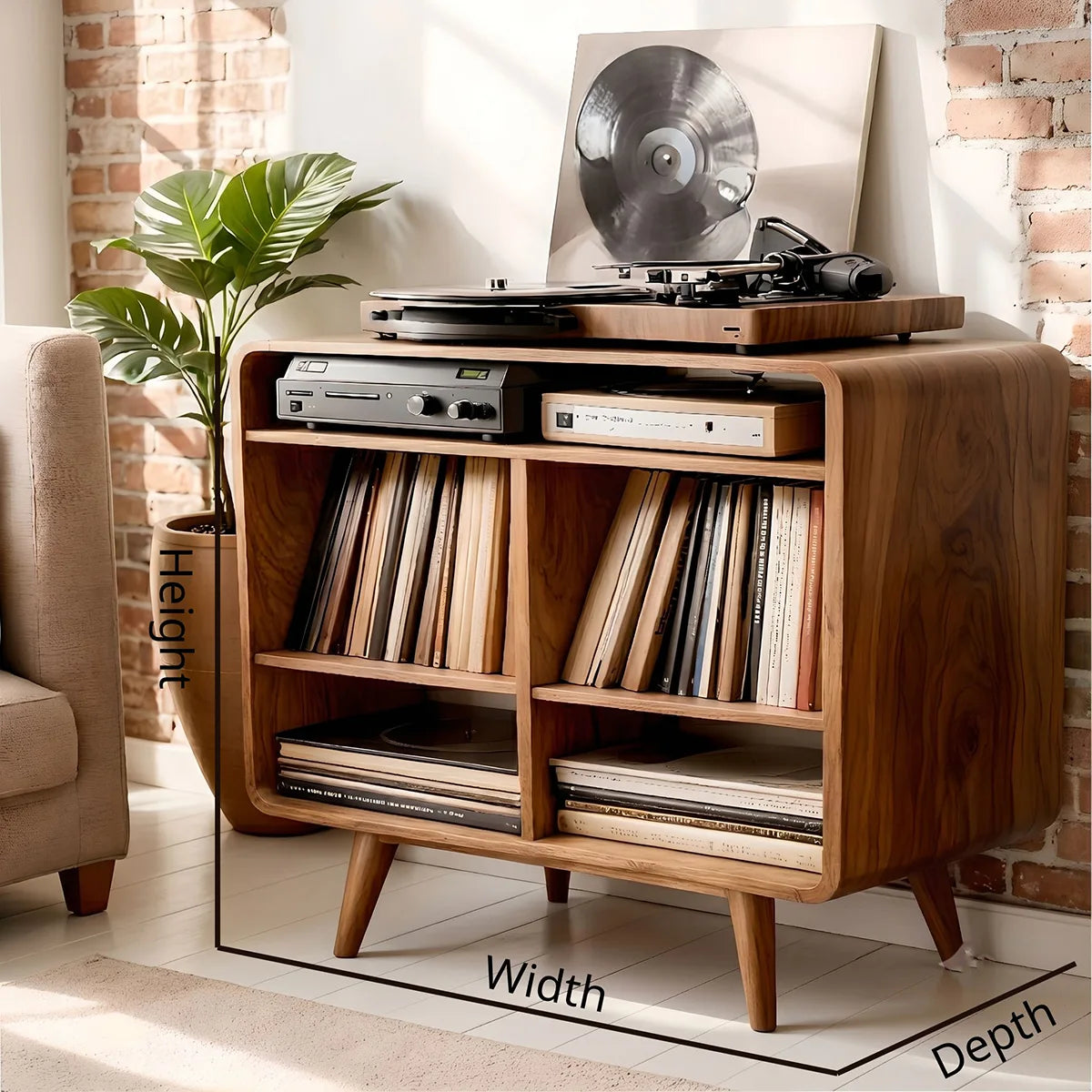 Mid Century Solid Wood  Record Player Stand With Vinyl Storage Cabinet