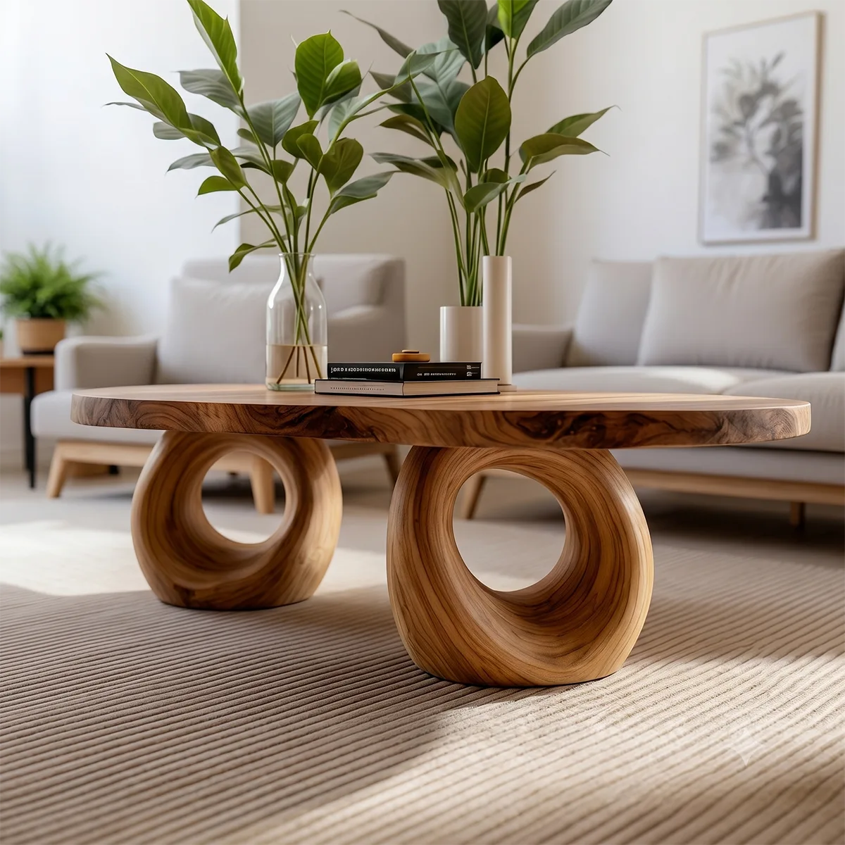 Handcrafted Solid Wood Coffee Table with Sculptural Ring Legs TT006-7638
