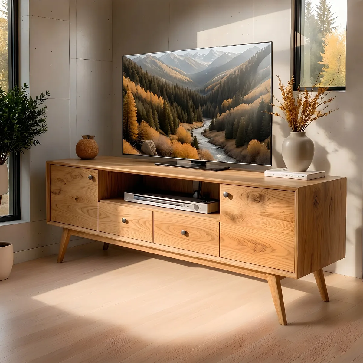 Mid Century Modern Solid Wood TV Stand with Cabinets and Drawers