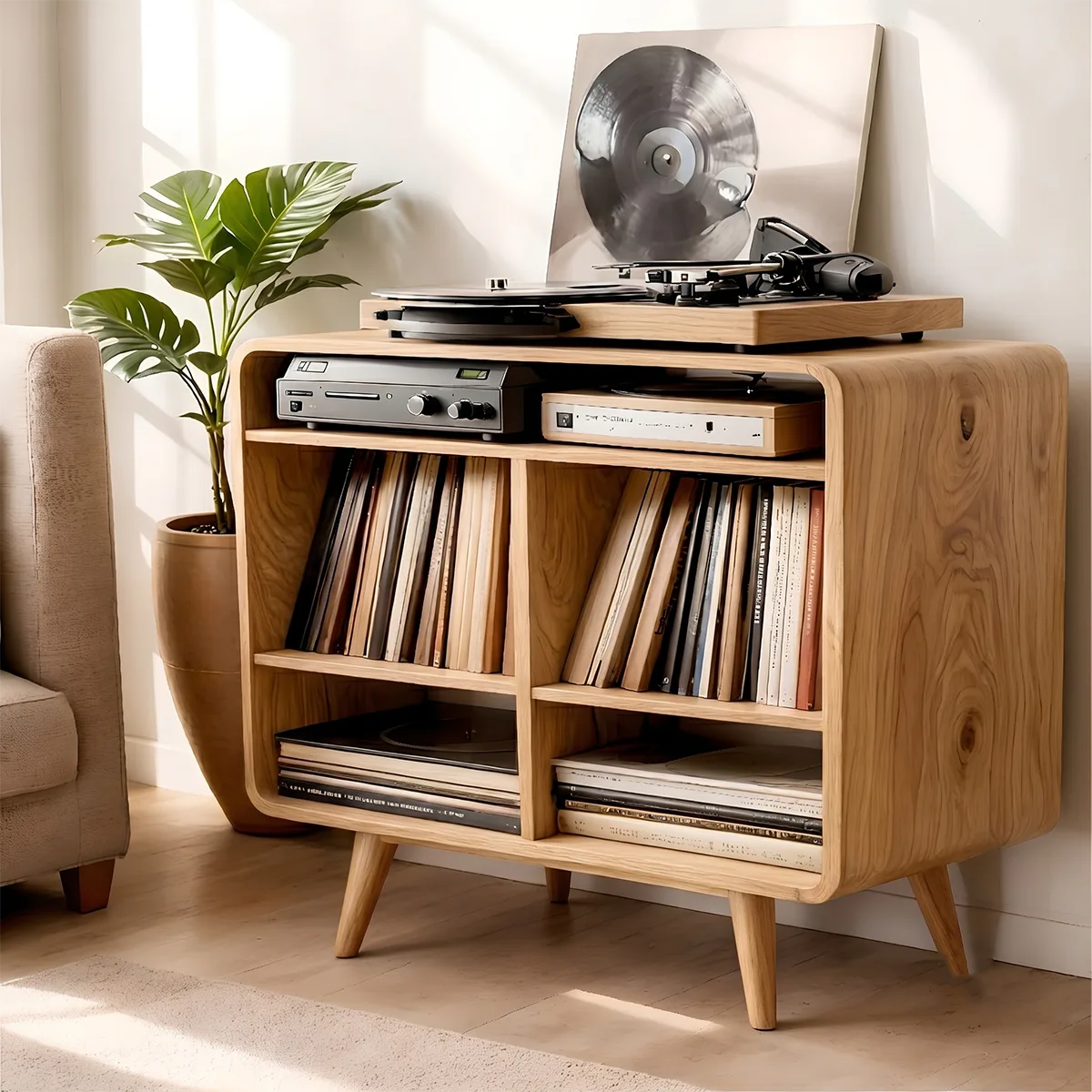 Mid Century Solid Wood  Record Player Stand With Vinyl Storage Cabinet