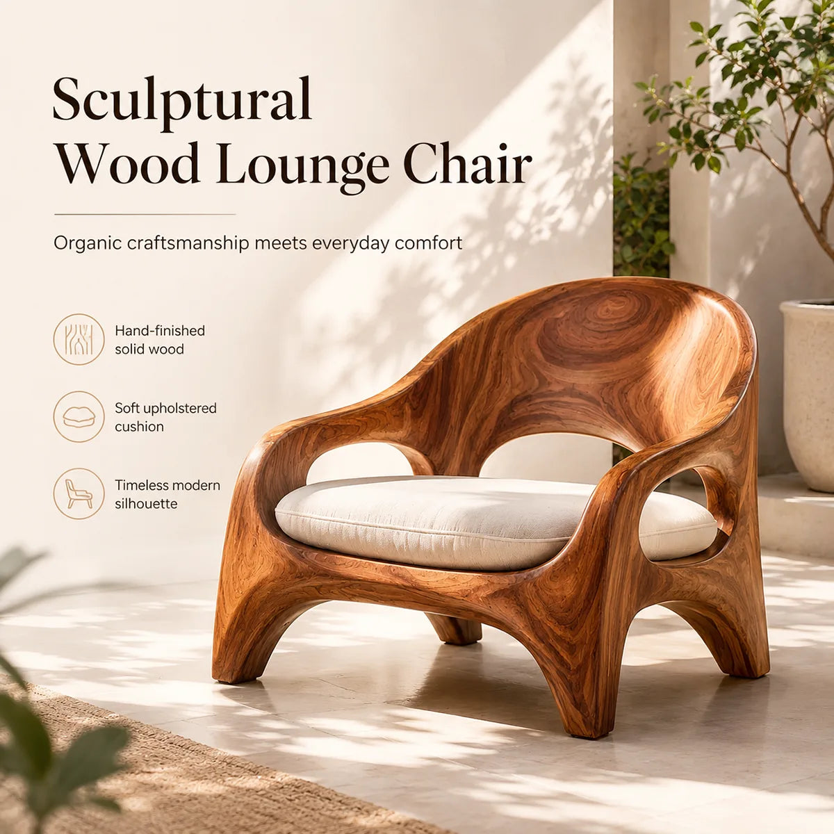 Solid Wood Lounge Chair | Sculptural Organic Modern Accent Chair TT006-8283