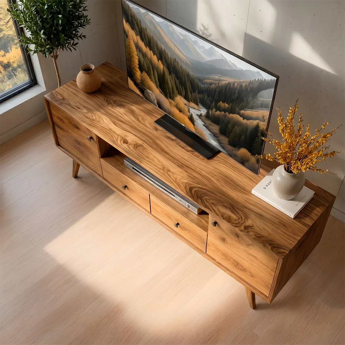 Mid Century Modern Solid Wood TV Stand with Cabinets and Drawers