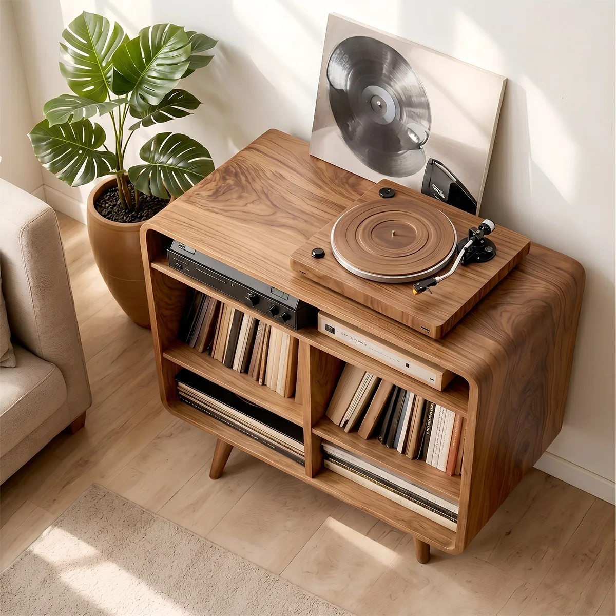 Mid Century Solid Wood  Record Player Stand With Vinyl Storage Cabinet