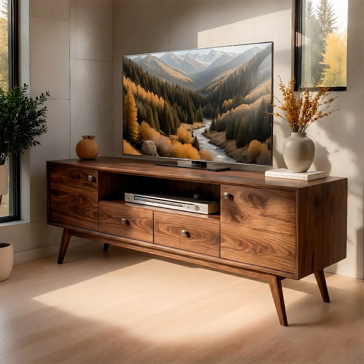 Mid Century Modern Solid Wood TV Stand with Cabinets and Drawers