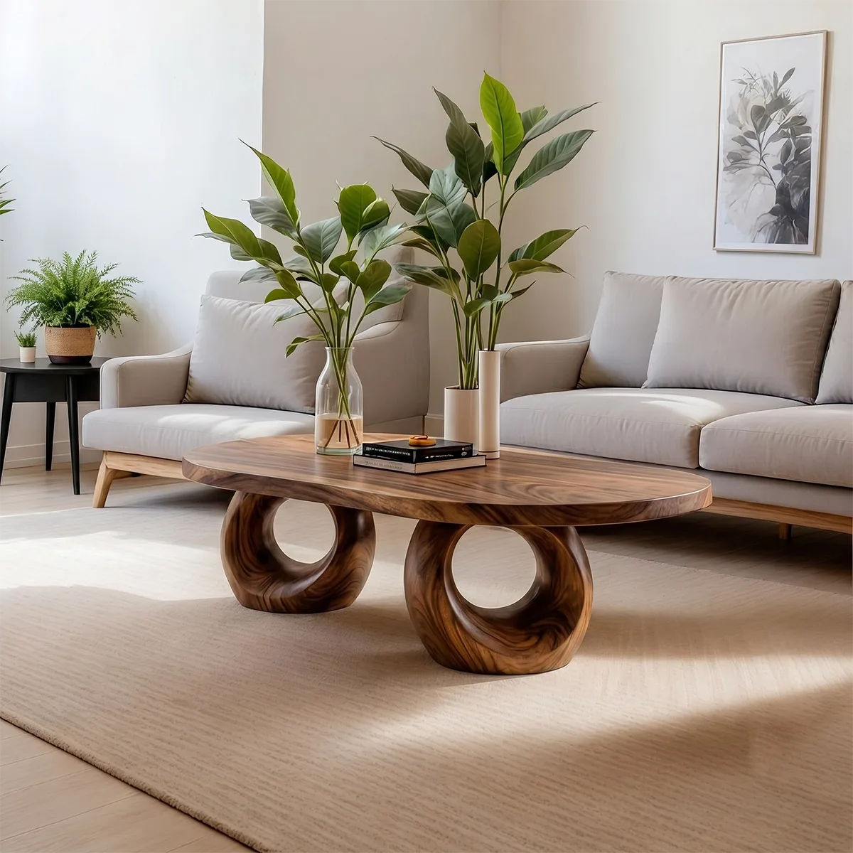 Handcrafted Solid Wood Coffee Table with Sculptural Ring Legs TT006-7638
