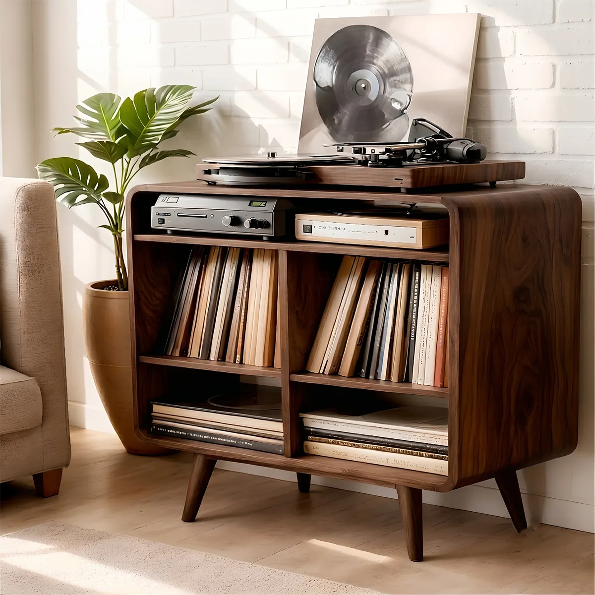Mid Century Solid Wood  Record Player Stand With Vinyl Storage Cabinet
