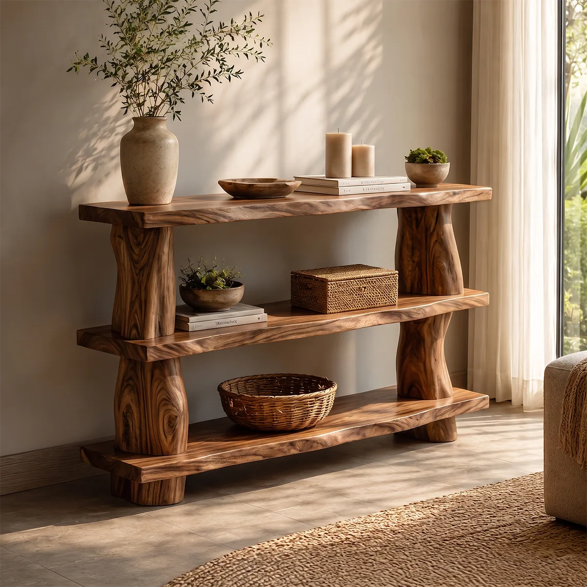 Rustic Solid Wood Console Table with Open Shelves | Farmhouse Entryway Display Table TT006-3252