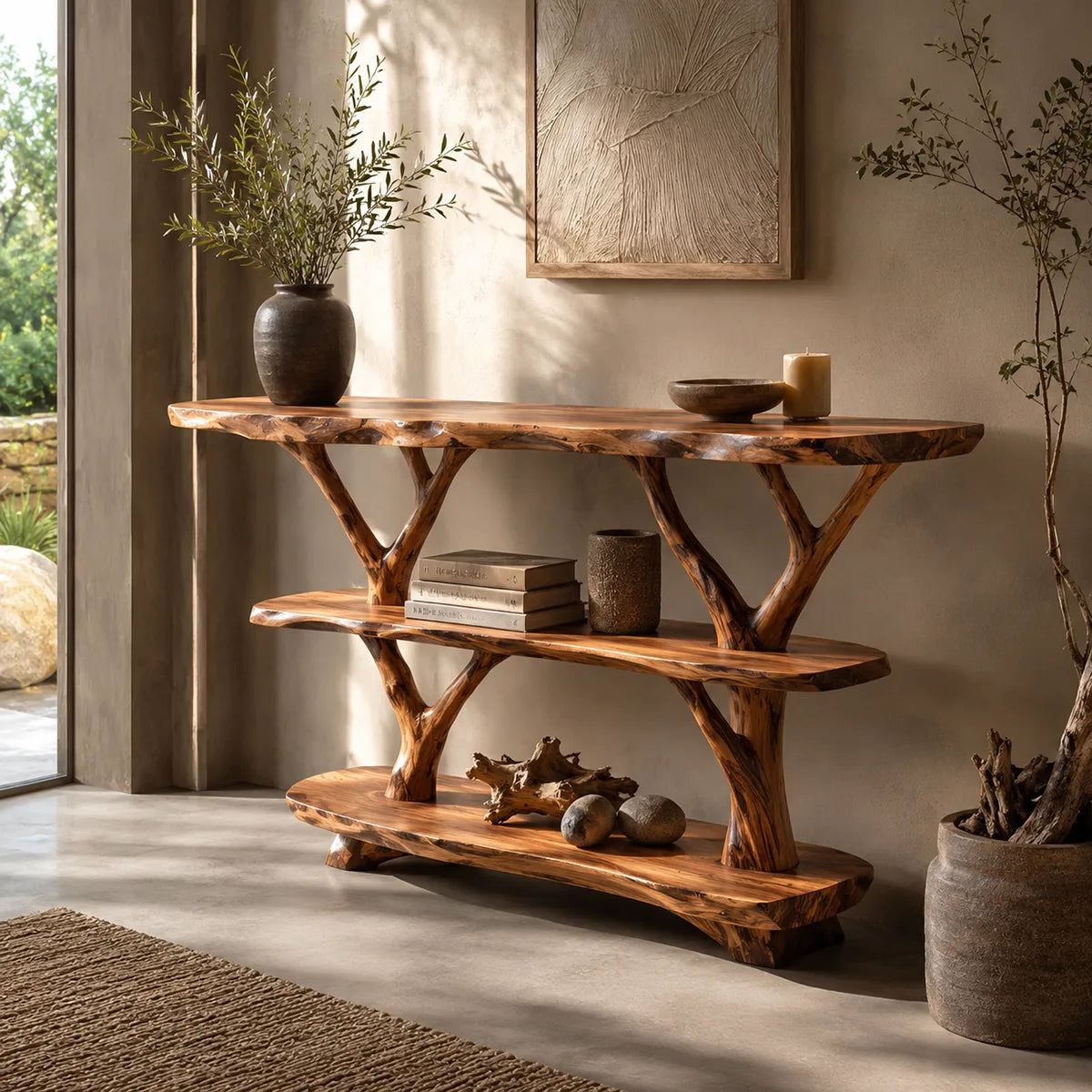 Rustic Live Edge Console Table with Tree Branch Supports | Solid Wood Entryway Display Shelf TT006-1430