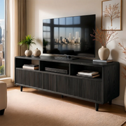 Mid Century Modern Solid Wood TV Stand with Slatted Doors