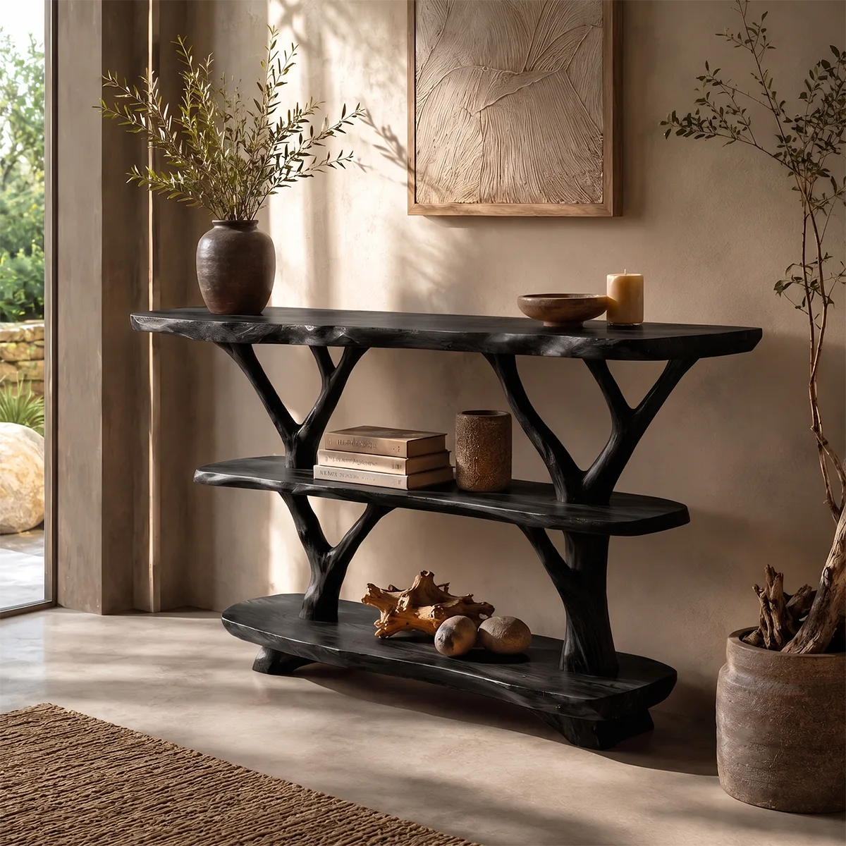 Rustic Live Edge Console Table with Tree Branch Supports | Solid Wood Entryway Display Shelf TT006-1430