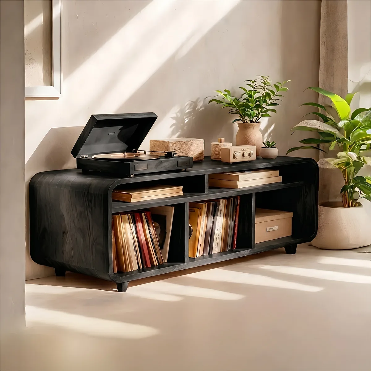 Handcrafted Solid Wood Record Player Media Console With Vinyl Storage Home Decor