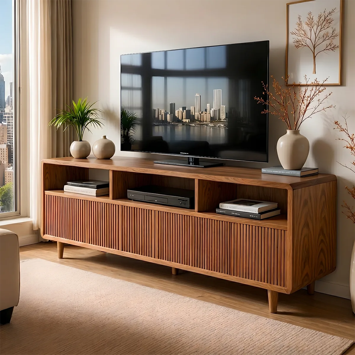 Mid Century Modern Solid Wood TV Stand with Slatted Doors