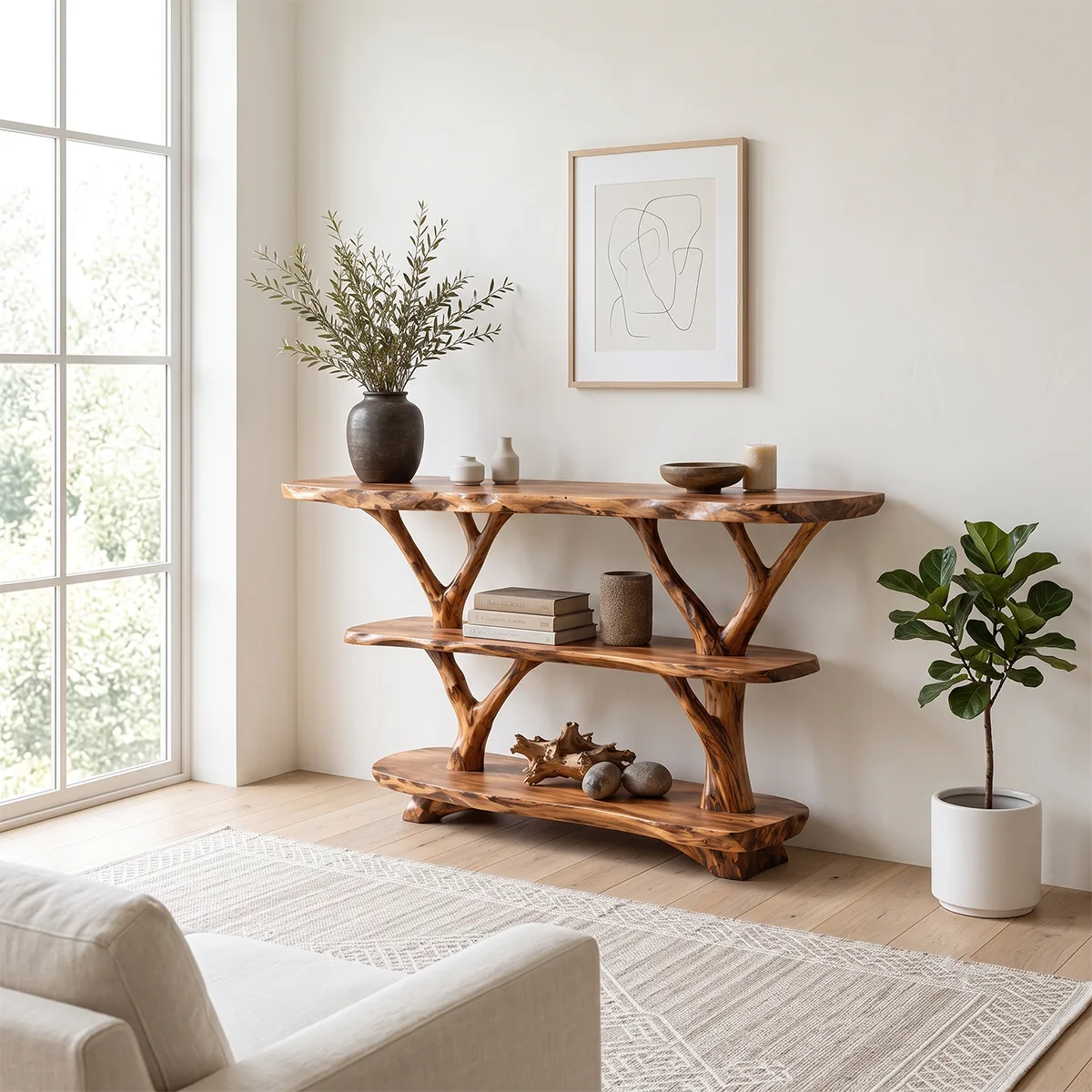 Rustic Live Edge Console Table with Tree Branch Supports | Solid Wood Entryway Display Shelf TT006-1430