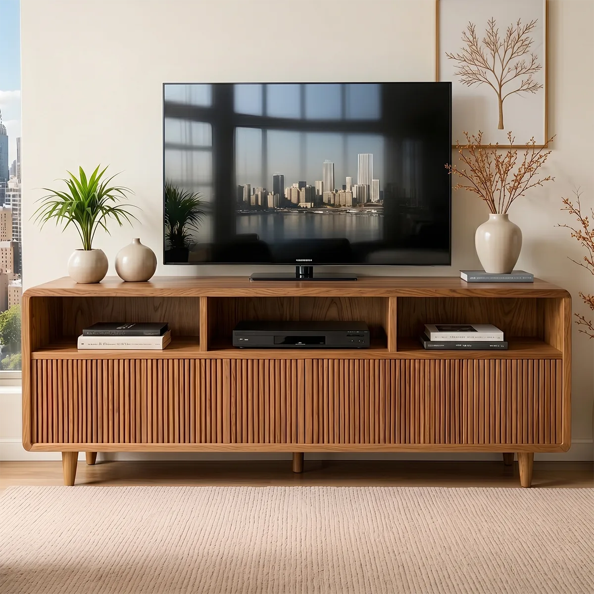 Mid Century Modern Solid Wood TV Stand with Slatted Doors