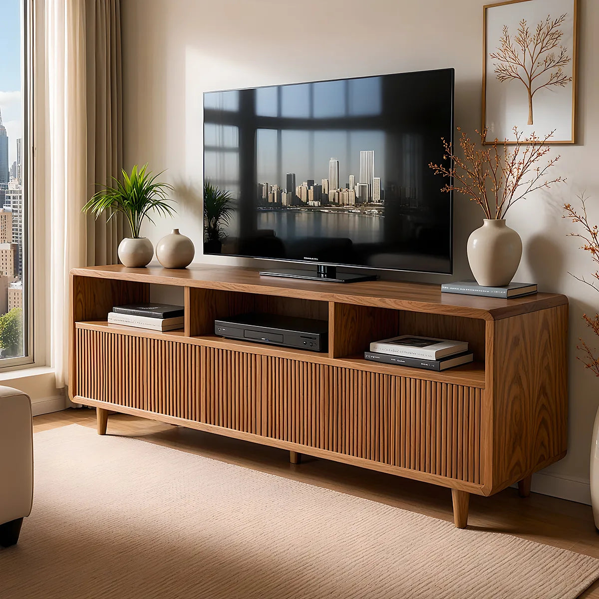 Mid Century Modern Solid Wood TV Stand with Slatted Doors