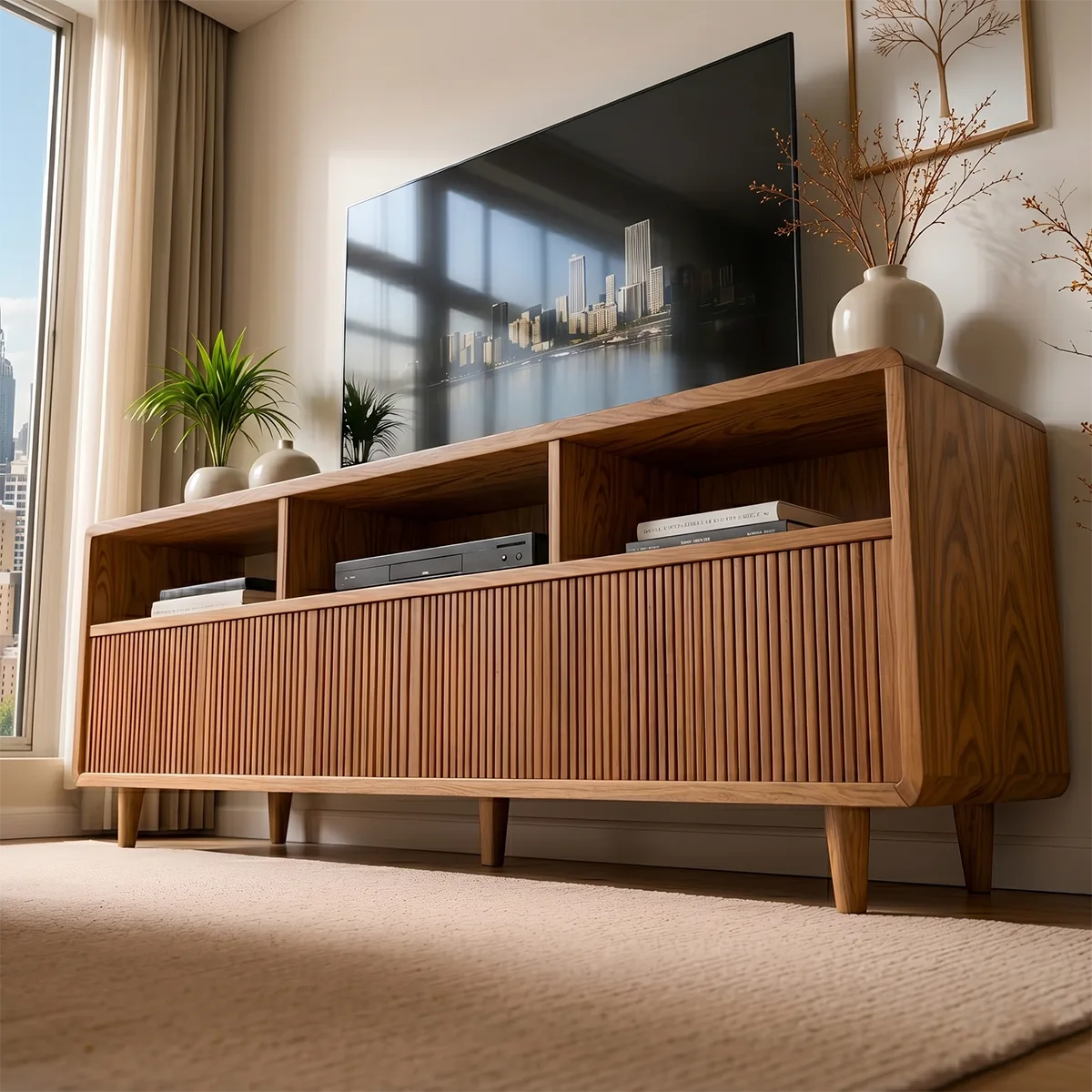 Mid Century Modern Solid Wood TV Stand with Slatted Doors