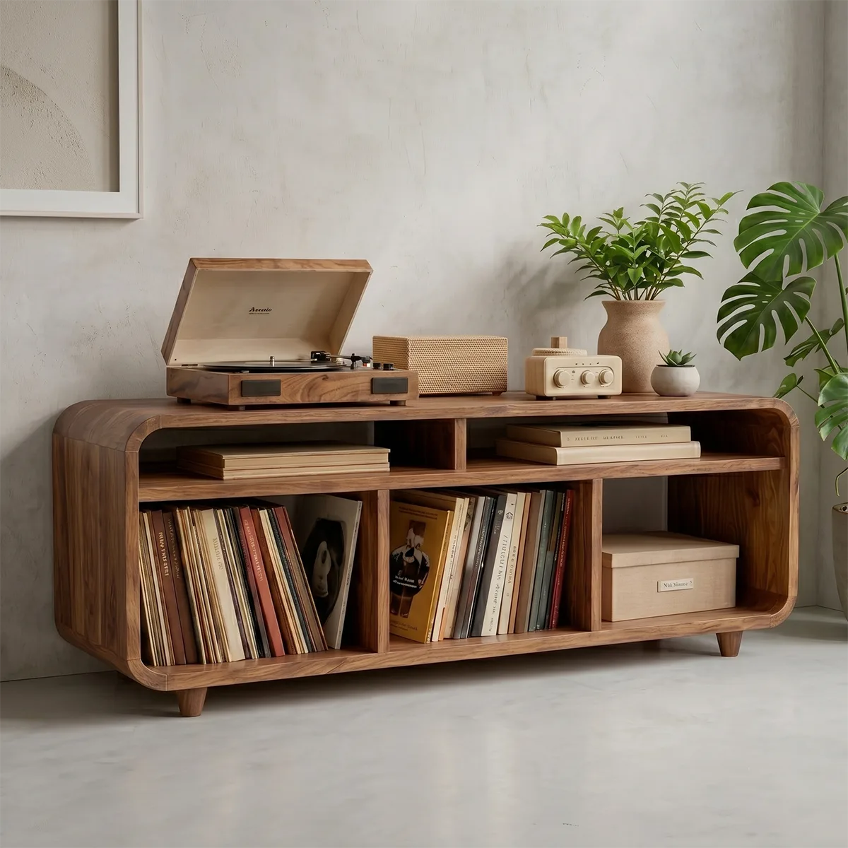 Handcrafted Solid Wood Record Player Media Console With Vinyl Storage Home Decor