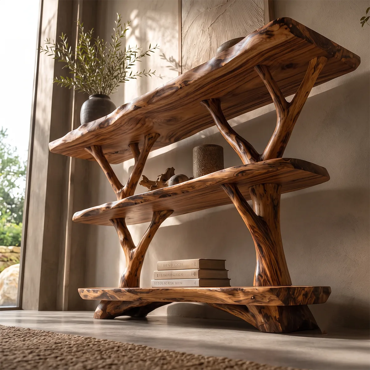Rustic Live Edge Console Table with Tree Branch Supports | Solid Wood Entryway Display Shelf TT006-1430