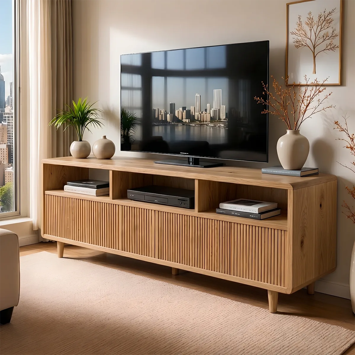 Mid Century Modern Solid Wood TV Stand with Slatted Doors