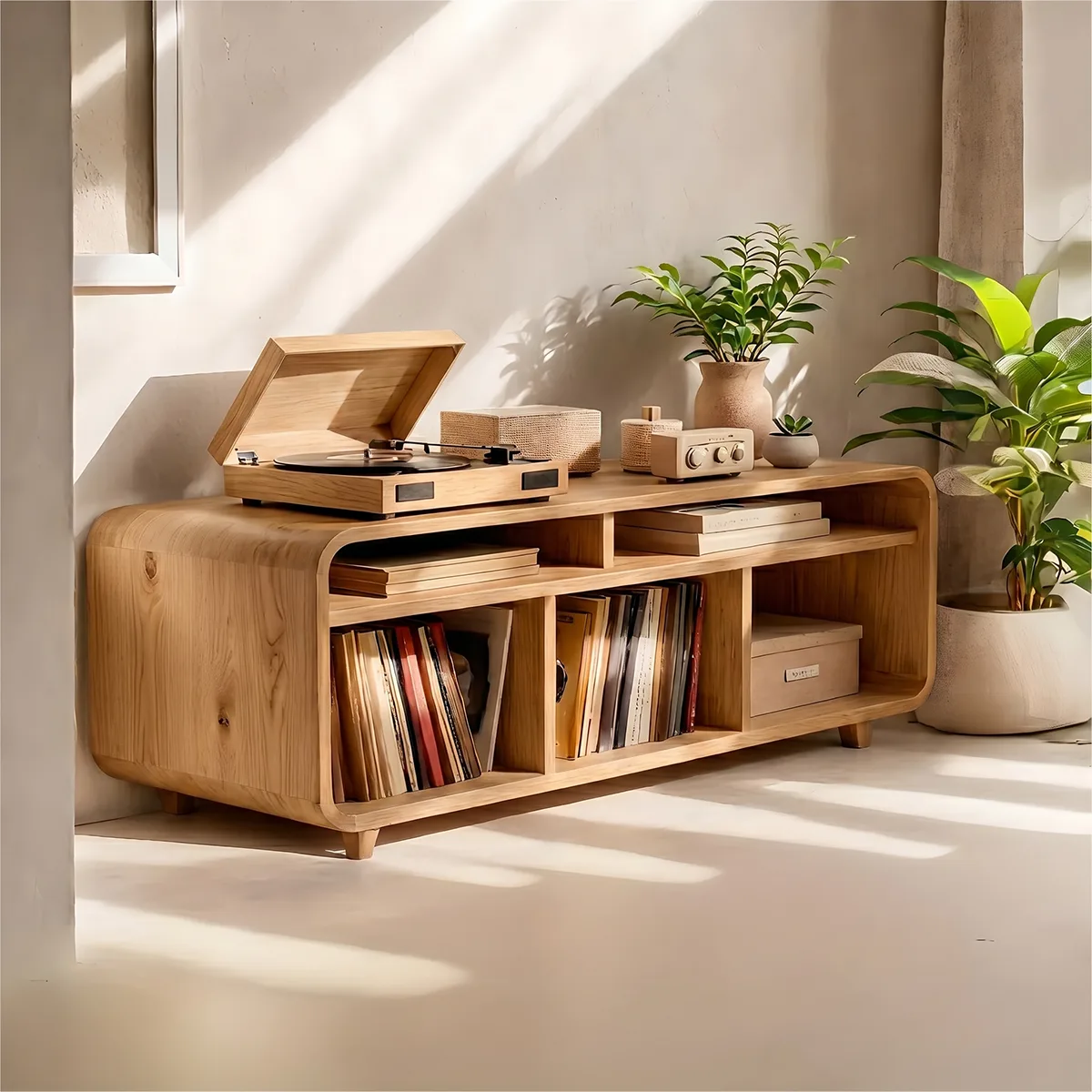 Handcrafted Solid Wood Record Player Media Console With Vinyl Storage Home Decor