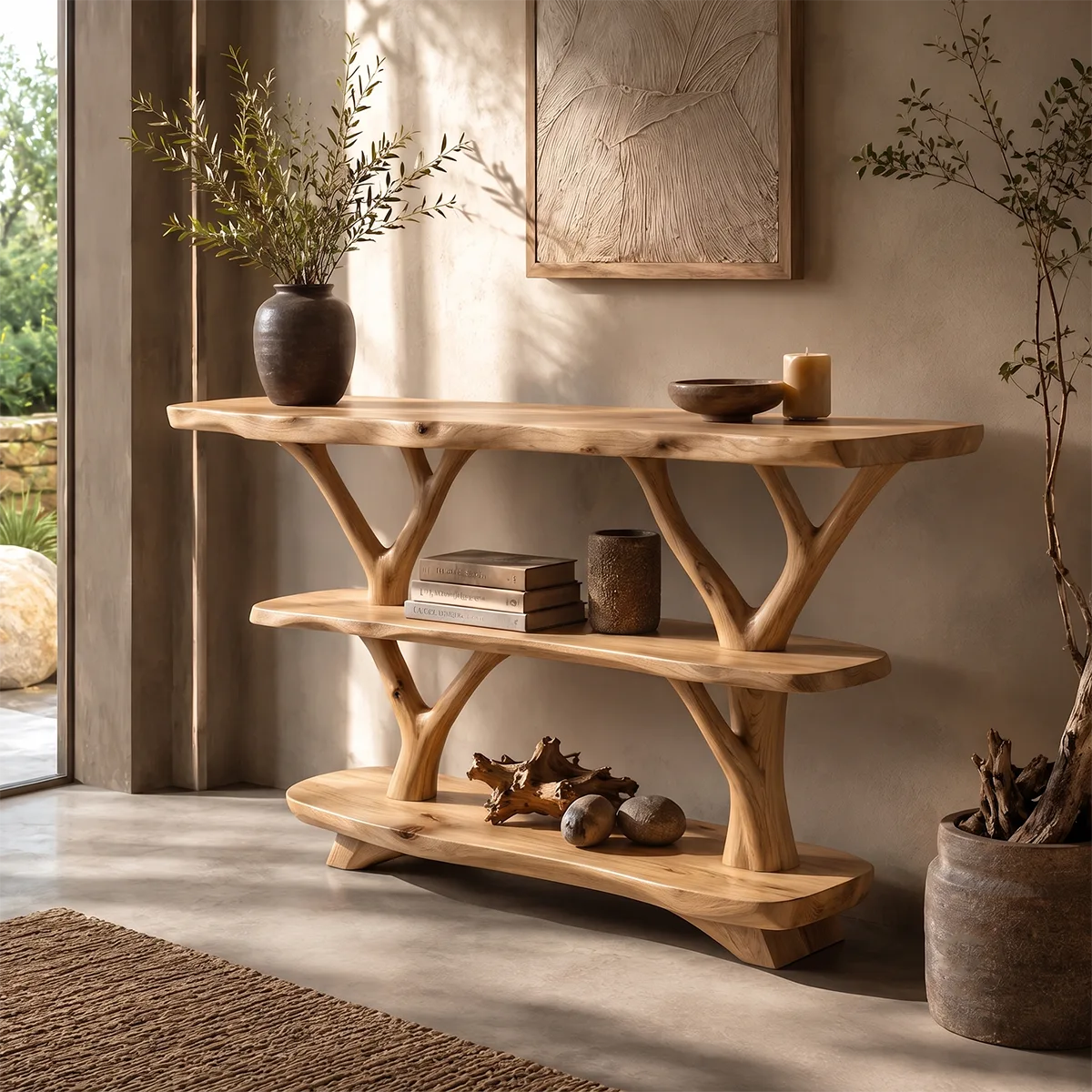 Rustic Live Edge Console Table with Tree Branch Supports | Solid Wood Entryway Display Shelf TT006-1430