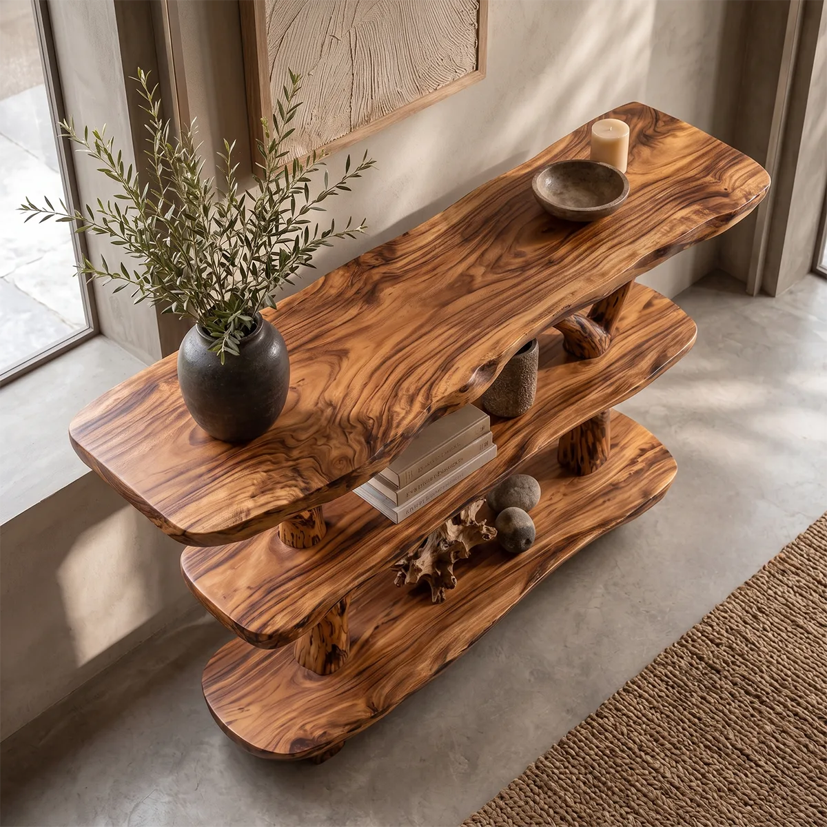 Rustic Live Edge Console Table with Tree Branch Supports | Solid Wood Entryway Display Shelf TT006-1430