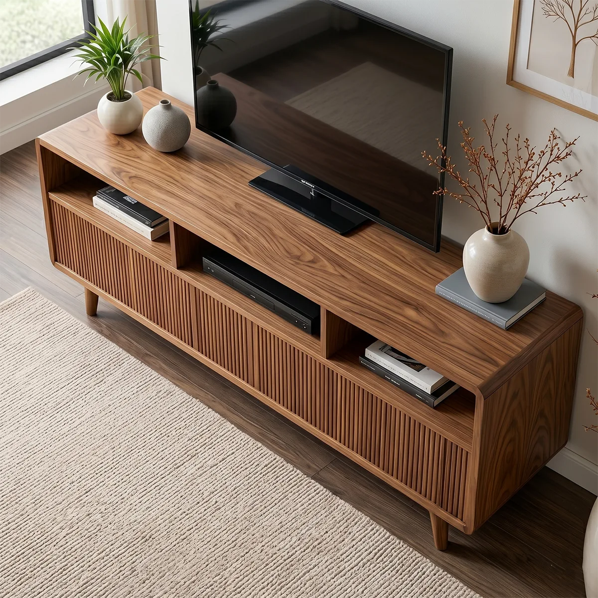 Mid Century Modern Solid Wood TV Stand with Slatted Doors