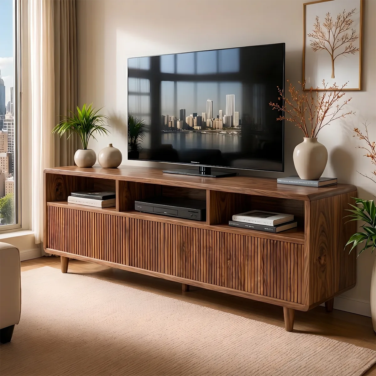 Mid Century Modern Solid Wood TV Stand with Slatted Doors