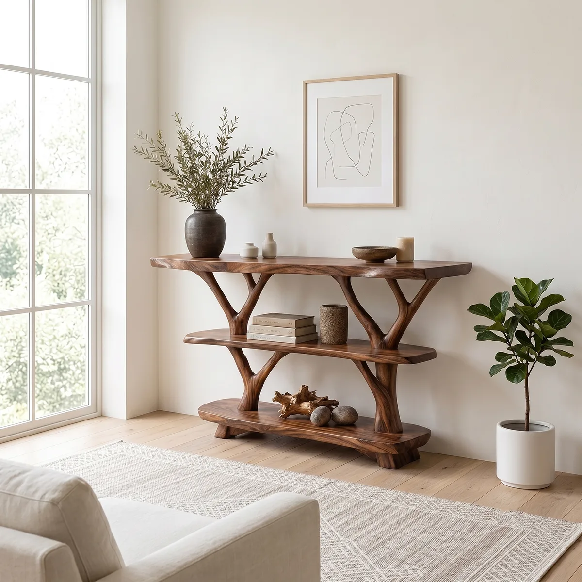 Rustic Live Edge Console Table with Tree Branch Supports | Solid Wood Entryway Display Shelf TT006-1430