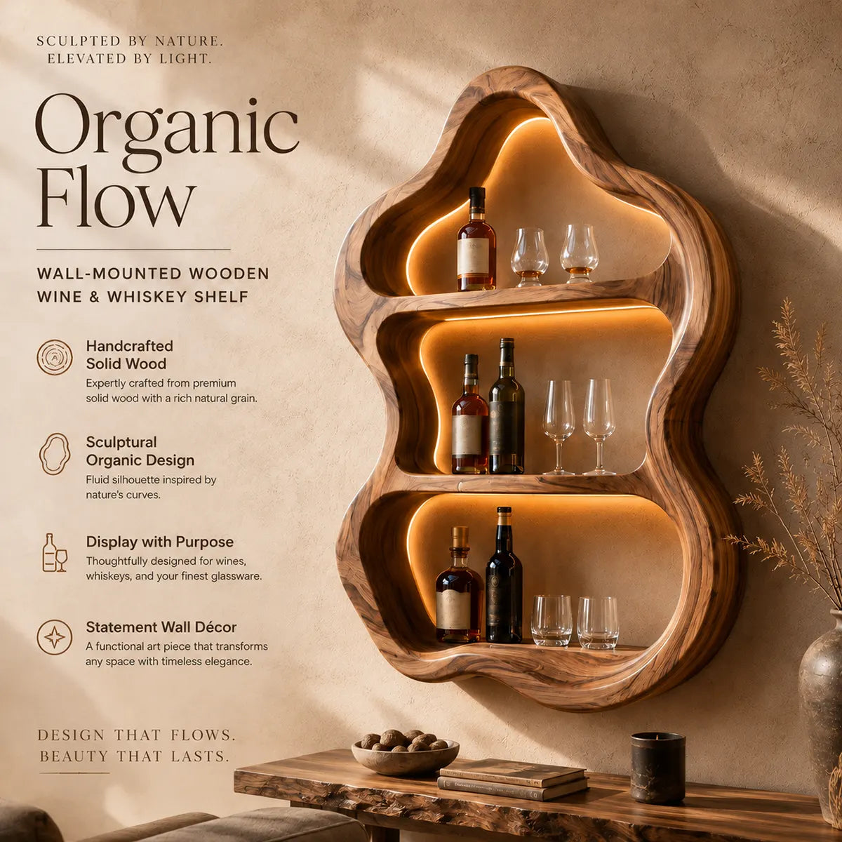 Organic Solid Wood Wall Wine Holder for Home Bars, Dining Rooms & Whiskey Lovers TT006-3241